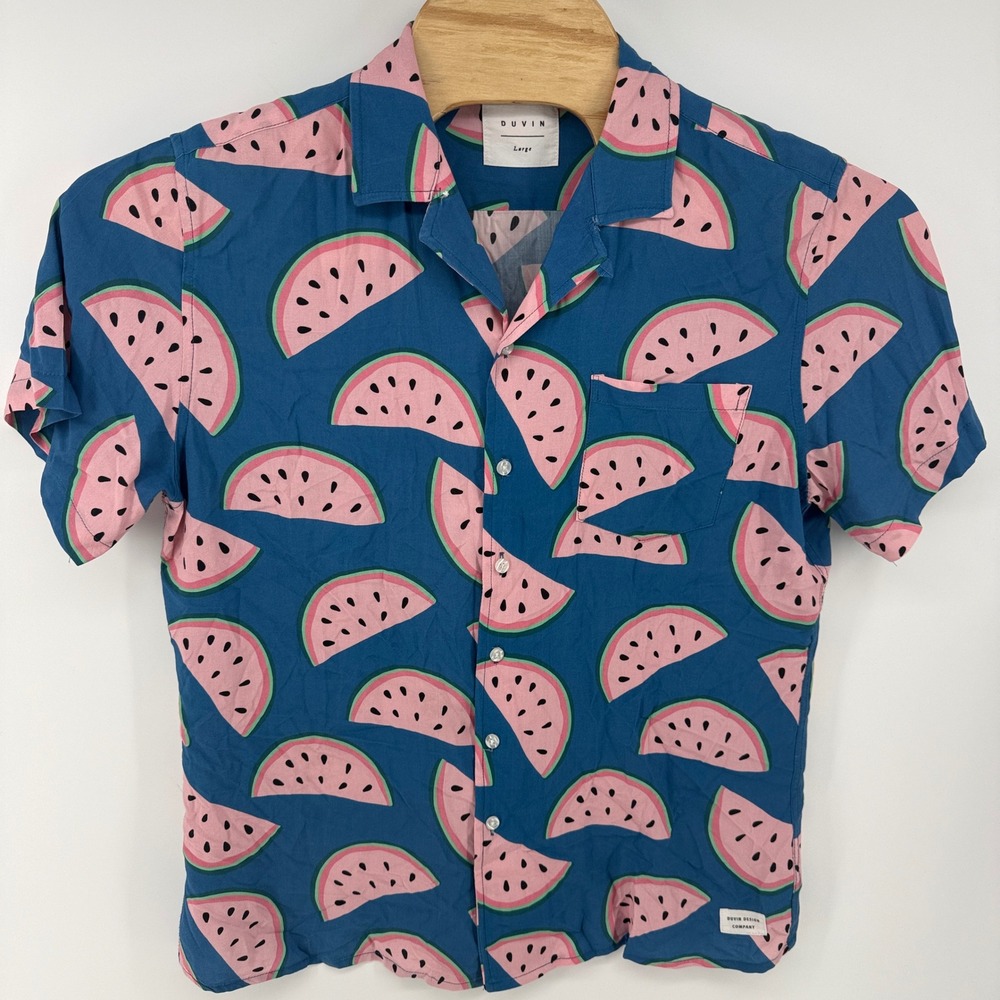 Duvin Design Co Mens Large Watermelon Print Short Sleeve Button Up Shirt Blue